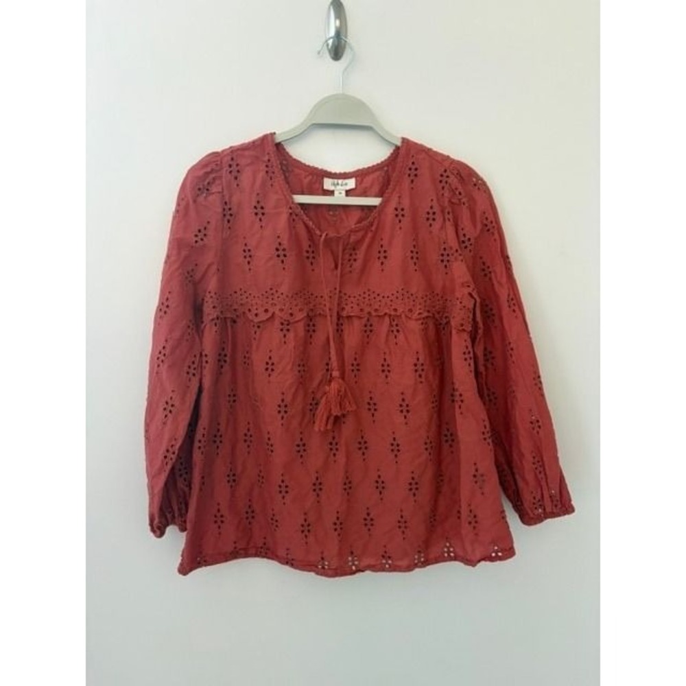 Style & Co Petite Eyelet Blouse Rust Orange Boho Tassel Top PM